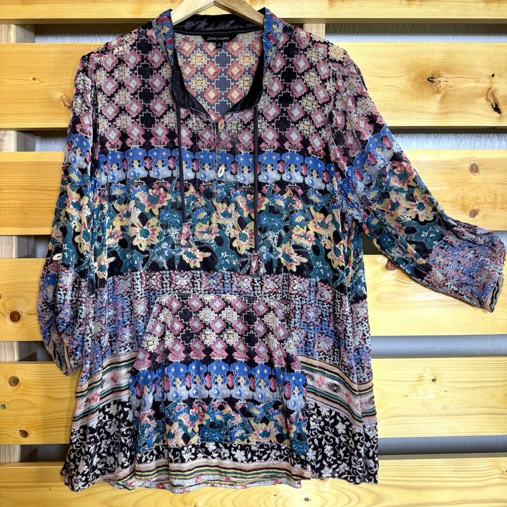 John Mark Tunic Top Womens Large Boho Floral Peasant Artsy Roll Tab Sleeve
